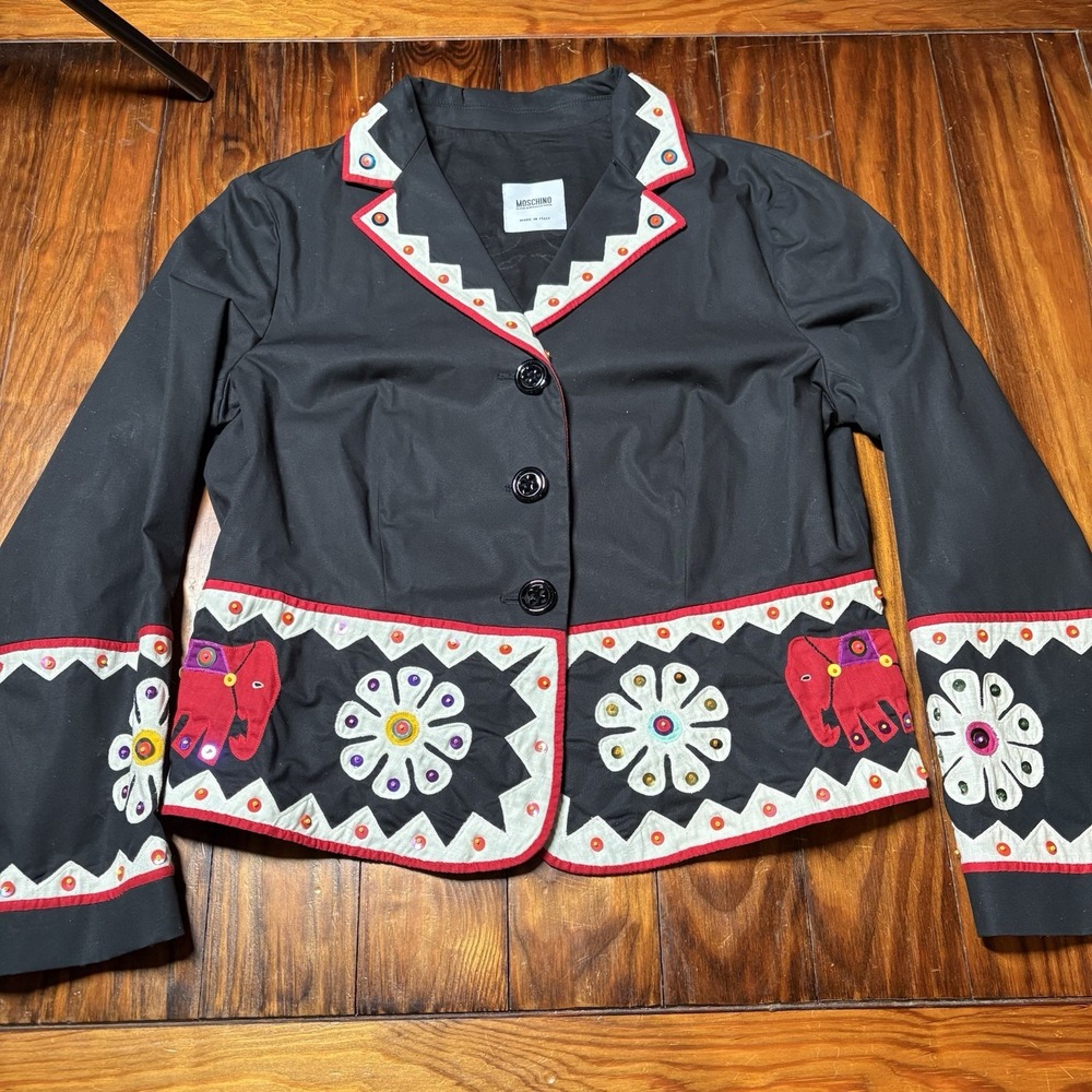 Vtg Moschino Black Elephant Floral Beaded Blazer Medallion 12 Cheap & Chic